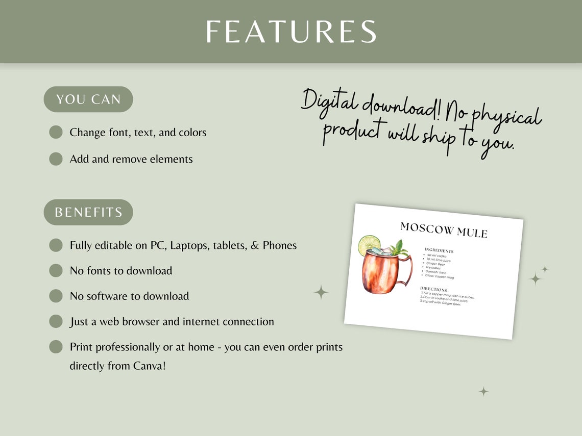Cocktail Recipe Card Template, Editable Modern Drink Recipe Card ...