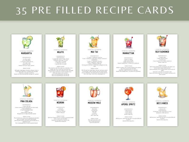 Cocktail Recipe Card Template, Editable Drink Recipe Card, Printable