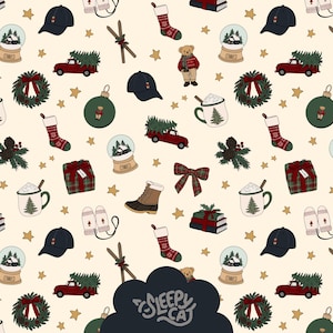 Naadloos kerstpatroon in vintage stijl: teddybeer, vrachtwagen, krans, ruitjespatroon (digitale download)