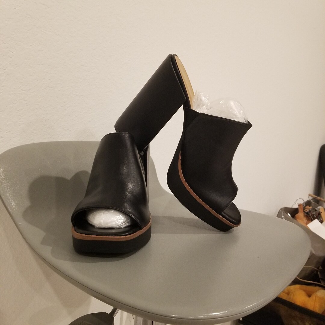 Black Platform Block Heel Slide Sandals... - Etsy