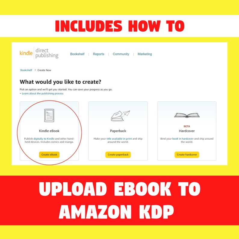 Puede incluir: Captura de pantalla del sitio web de Kindle Direct Publishing que muestra las opciones para crear un libro electr&oacute;nico de Kindle, un libro de bolsillo o un libro de tapa dura. El texto "INCLUDES HOW TO" est&aacute; en la parte superior de la imagen. El texto "UPLOAD EBOOK TO AMAZON KDP" est&aacute; en la parte inferior de la imagen.