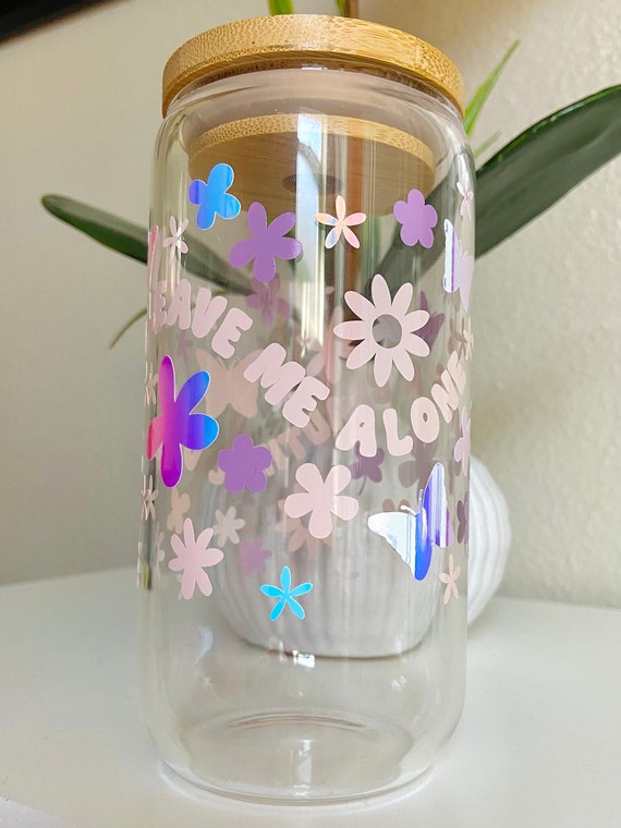 Clear Glass Cup (16oz) Leaves Design with Bamboo Lid + Straw