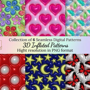 Peut inclure: Une collection de six motifs numériques sans couture présentant des designs gonflés en 3D. Les motifs comprennent des cœurs, des fleurs, des étoiles, des lunes, des papillons et des cercles. Le texte "Collection of 6 Seamless Digital Patterns 3D Inflated Patterns Hight resolution in PNG format" est affiché au centre de l'image.