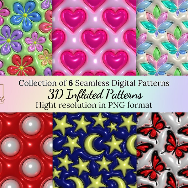 3D Inflated Seamless Patterns Collection • Bubble Puffy Digital Wrap Paper • Hearts Flowers Butterflies Moon Stars Leaves • High-Quality PNG