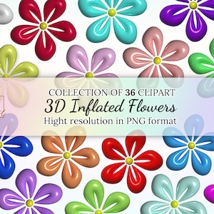 36 opgeblazen bloemen clipartcollectie • Opgeblazen bloemen in glanzende en metallic kleuren • 3D digitale stickers bloemen voor creatieve hoogstandjes