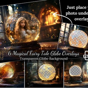 Puede incluir: Seis superposiciones digitales de globos de vidrio brillantes con un fondo transparente. Los globos se colocan sobre una variedad de fondos, que incluyen una escena de bosque, una chimenea y una estantería. Las superposiciones son perfectas para agregar un toque mágico a tus fotos.