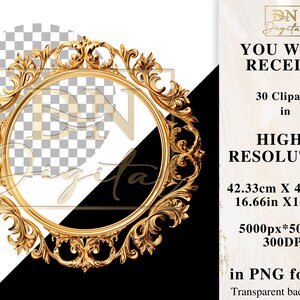 Antike runde Goldrahmen-Clipartsammlung mit kostenloser kommerzieller Lizenz • Rokoko- und Barock-Clipart im Vintage-Stil für elegante Designs Bild 2