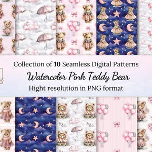 Aquarell hübsch in rosa Teddybär-Mustern • Nahtlose digitale Sammlung • Hochwertige PNGs • Freie kommerzielle Lizenz