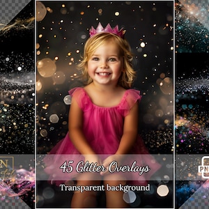May include: 45 Glitter Overlays with a transparent background. The overlays feature various sparkling effects, including swirls, bursts, and scattered glitter. The overlays are ideal for adding a touch of magic to photos and digital designs.