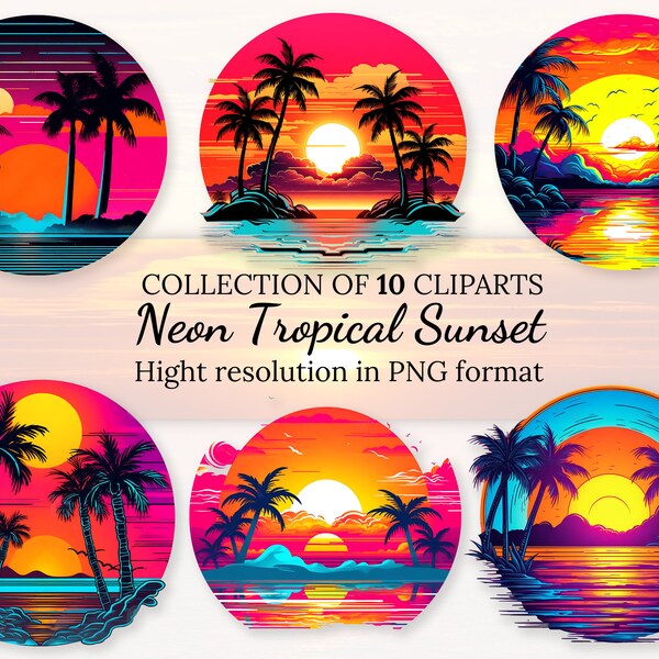 10 Neon Tropical Sunset Clipart Collection With Free Commercial License  • Neon Color Sunset Ilustrations • Hight Resolution • PNG Format