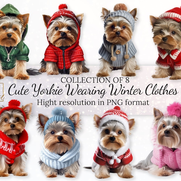 Cute Yorkie Wearing Winter Clothes Clipart Collection •  Winter Yorkie PNG Photo •  Cute Dog Clipart •  Dog Portrait Photo •Digital Stickers