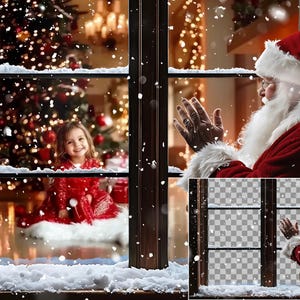 May include: A snowy winter scene with a girl in a red dress looking out a window. Father Christmas is outside the window, waving with a snowy background.