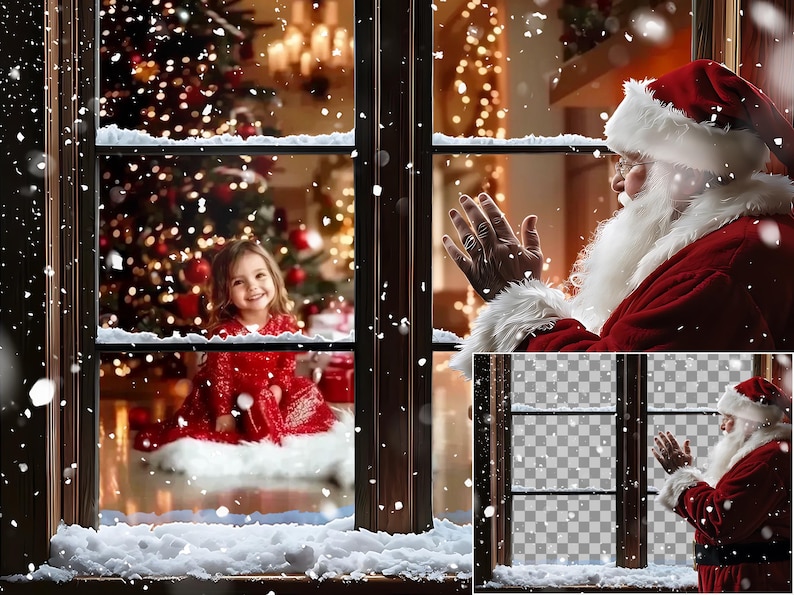 May include: A snowy winter scene with a girl in a red dress looking out a window. Father Christmas is outside the window, waving with a snowy background.