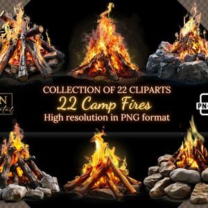 Colección de 22 imágenes prediseñadas de Camp Fire • Llamas de fuego vibrantes para diseños intensos y ardientes • Imágenes prediseñadas PNG • Superposiciones digitales