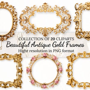 20 magnifiques images clipart de cadres dorés anciens avec licence commerciale gratuite • Images clipart dorées rococo et baroques pour designs vintage