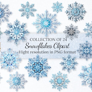 24 Collezione di clipart di fiocchi di neve • PNG con sfondo trasparente • Clipart ad alta risoluzione • • Adesivi digitali di fiocchi di neve