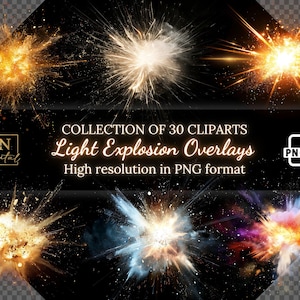 Light Explosion Overlays / Clipart-Sammlung mit kostenloser kommerzieller Lizenz • 30 Light Explosion Illustrationen Bundle • Hohe Auflösung