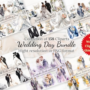 Pacote de 158 clipart para o dia do casamento com licença comercial gratuita • Ilustrações de noivos • Acessórios para o dia do casamento em aquarela