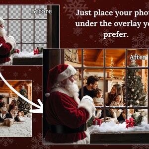 May include: A digital overlay for photos featuring a red-suited Santa Claus standing in front of a window with a family inside. The text "Just place your photo under the overlay you prefer." is displayed above the image. The overlay is labelled "Before" and the image with the family is labelled "After".