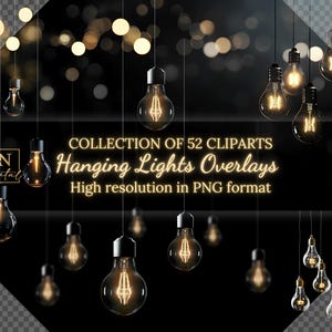 May include: A collection of 52 high-resolution PNG clipart images of hanging light bulbs. The bulbs are glowing with a warm yellow light and are suspended from wires against a black background with a blurred bokeh effect.