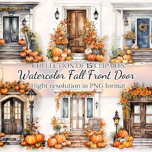 Colección de imágenes prediseñadas de puerta de entrada de otoño en acuarela para una calidez estacional • Ilustraciones de otoño y otoño • Imágenes prediseñadas de bienvenida de Acción de Gracias