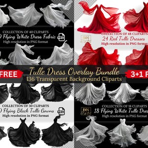 Pacote de clipart de sobreposições de vestido de tule • 136 vestidos de tule branco, preto e vermelho • Tecido para vestido de noiva • Sobreposições digitais para editores de fotos