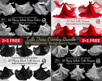 Tulle Dress Overlays Clipart Bundle •136 Flying White, Black & Red Fabric • Digital Download for Photo Editors