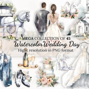 45 Watercolor Wedding Day Clipart Collection With Free Commercial License • Bride and Groom Ilustrations • Watercolor Wedding Day Accesories