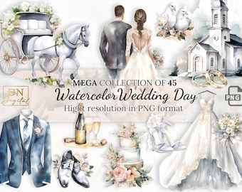 45 Watercolor Wedding Day Clipart Collection With Free Commercial License • Bride and Groom Ilustrations • Watercolor Wedding Day Accesories