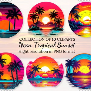 10 clipartcollectie neon tropische zonsondergang met gratis commerciële licentie • Neonkleuren zonsondergangillustraties • Hoge resolutie • PNG-indeling