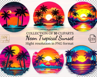 10 Neon Tropical Sunset Clipart Collection With Free Commercial License  • Neon Color Sunset Ilustrations • Hight Resolution • PNG Format