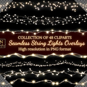May include: Collection of 48 seamless string light overlays in PNG format. High resolution images of white string lights on a black background.