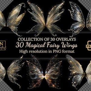 May include: A collection of 30 digital overlays featuring magical fairy wings in a variety of styles. The wings are translucent with gold glitter and sparkle effects. The image includes the text "COLLECTION OF 30 OVERLAYS 30 Magical Fairy Wings High resolution in PNG format".