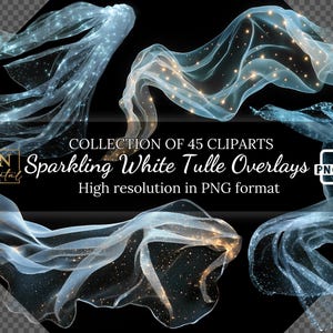 45 Sobreposições de tule branco brilhante • Gráficos PNG de véu voador translúcido com fundo transparente • Coleção de clipart de tecido voador mágico