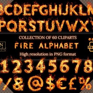 60 superpositions d'alphabets/Collection de cliparts • Feu réaliste lettres chiffres symboles signes signes de ponctuation sur fond transparent PNG