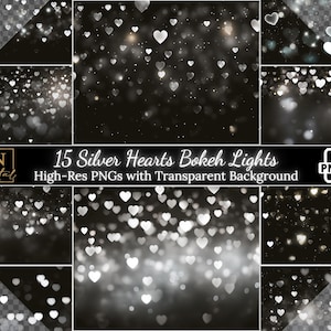 15 Silberne Herzen Bokeh Lights Overlay/Clipart-Sammlung • Hochzeit Canva/Photoshop Overlay • Overlays für jede Bildbearbeitung • Weiße Herzen