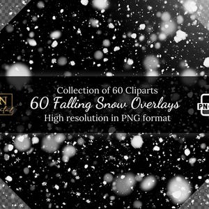 Könnte beinhalten: Eine Sammlung von 60 hochauflösenden PNG-Bildern von fallenden Schneeflocken-Overlays. Die Bilder sind perfekt, um Ihren Designs einen winterlichen Touch zu verleihen.