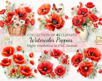 45 Watercolor Poppies Clipart Collection With Free Commercial License • Red Poppy Ilustrations • Blooming Watercolor Red Poppies