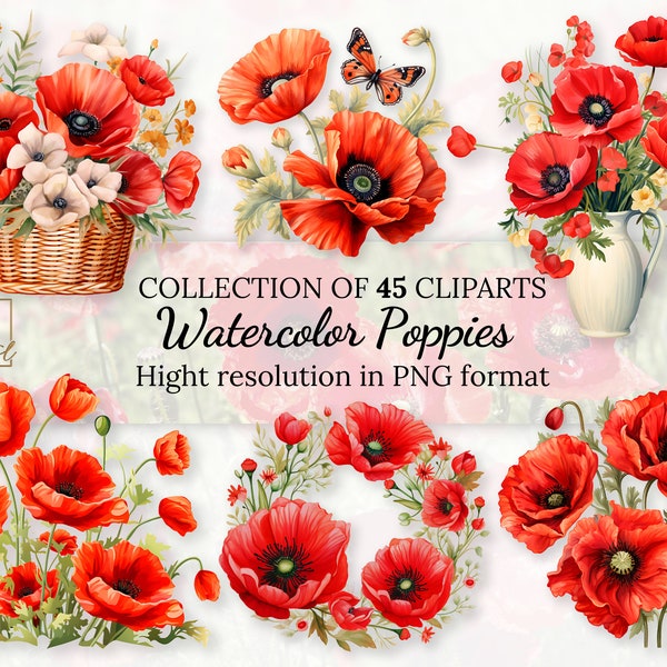 45 Watercolor Poppies Clipart Collection With Free Commercial License • Red Poppy Ilustrations • Blooming Watercolor Red Poppies