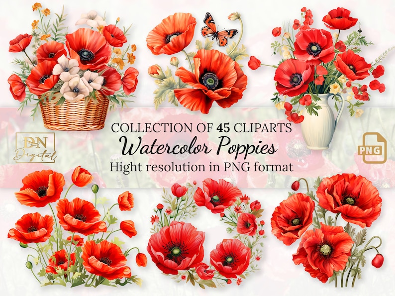 45 Watercolor Poppies Clipart Collection With Free Commercial License • Red Poppy Ilustrations • Blooming Watercolor Red Poppies image 1