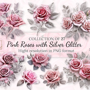 Rosas cor-de-rosa com folhas de glitter prateado Coleção de clipart com licença comercial gratuita • Ilustrações de rosas metálicas • Alta resolução