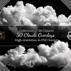 May include: A collection of 50 high-resolution cloud overlays in PNG format. The image shows a dramatic, black and white image of fluffy clouds against a dark sky.