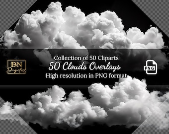 Collection de 50 superpositions de nuages • Images clipart PNG transparents haute résolution pour projets créatifs • Superpositions pour motifs nuageux