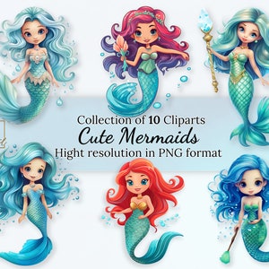 Cute Mermaid Clipart Collection • PNG With Transparent Background • Hight Resolution Clipart • Enchanting Mermaid Digital Stickers