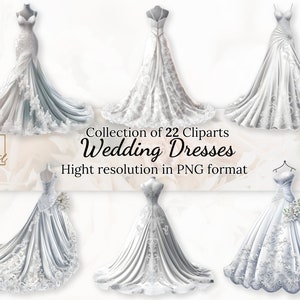 22 Vestidos de Noiva Coleção de Clipart com Licença Comercial Gratuita • Ilustrações de Casamento • Acessórios de Casamento para Convites