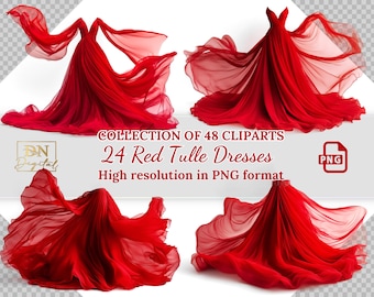 Puede incluir: Cuatro imágenes de vestidos de tul rojo fluido. El texto dice: "COLECCIÓN DE 48 CLIPARTS, 24 Vestidos de Tul Rojo, Alta resolución en formato PNG." Un diseño de arte digital con formato de archivo PNG.