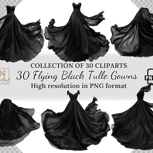 Puede incluir: Una colección de 30 imágenes PNG de clipart de alta resolución de vestidos de tul negro flotando en el aire. Los vestidos son todos negros y tienen un aspecto fluido y etéreo.