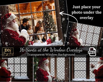 May include: A set of 16 digital overlays featuring Santa Claus peeking through a window with a snowy background. The overlays are transparent PNG files and can be used to add a festive touch to photos.
