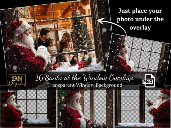 Santa Claus at the Window Overlays Collection • 16 High-Res Christmas Window PNGs for Easy Holiday Photo Edits • Perfect for Christmas Cards