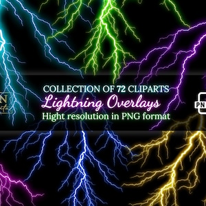 72 Lightning Overlays Clipart Collection • Electrifying Lightning Strikes for Stunning Effects • PNG Clip Art • Digital Overlays